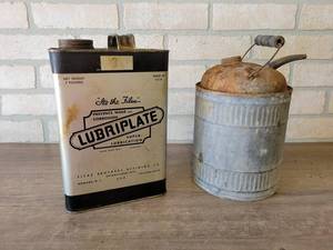 Vintage Lubriplate 7LB Grease Can and Vintage Galvanized Fuel Can