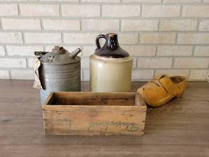 Vintage Galvanized Fuel Can, Whiskey Stoneware Jug, Wood Shoe and Cheese Box