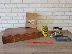 Vintage Transport 1 Quart Oil Can (Full), Vintage Coast to Coast Gasket Cement, Cutlery Box, Vintage Millwork Book and More