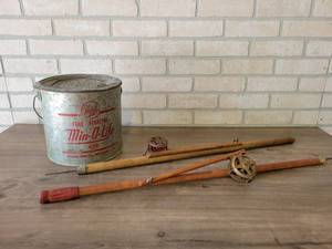 Pair of Vintage Wood Ice Fishing Tip Ups w Reels and Vintage Galvanized Minnow Bucket