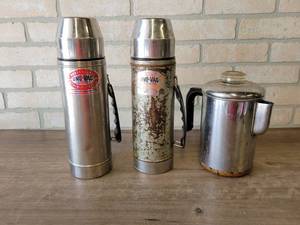 Pair of UNO-VAC Thermoses and Revere Ware Copper Bottom Coffee Pot