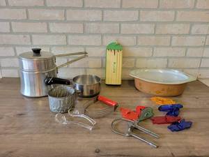 Lot of Vintage Kitchen - Mirro Double Boiler, Revere Ware Sauce Pan, PYREX Casserole Dish, Robin Hood Flour Cookie Cutters and More