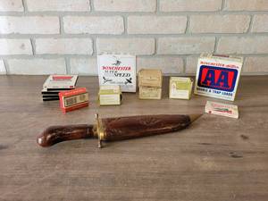 Lot of Vintage Ammo and Primer Boxes (Empty) and Old Hunting Knife w Sheath - About 13.5 Overall Length