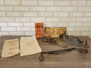Lot of Vintage Items - 1943 MN License Plate, Canvas Sacks, Draw Knife and More