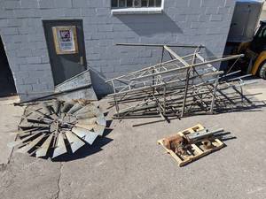 Antique 8 Diameter Farm Windmill, N.W. Wind Energy Co. Minneapolis MN - Includes Tower, Gearbox (Baker MFG) and Vane - Stands about 30 Tall Assembled