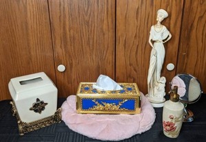 lot 146 image: Beautiful Bathroom Accessories Tissue Box Covers, Soap Dispenser, Mirror and More