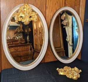 lot 147 image: Pair of Lovely Oval Wall Mirrors with Decorative Gold Accents