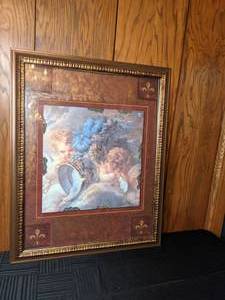 lot 149 image: Gold Framed Cherub Print with Fleur de Lis Accents