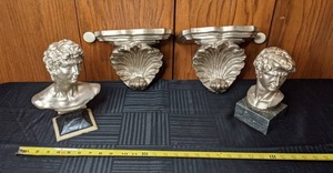 lot 154 image: Pair of Metallic Roman Style Mens Busts with Coordinating Wall Shelves for Display