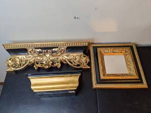 lot 284 image: Collection of Decorative Wall Shelf Mantels and Square Wall Mirror, Gold