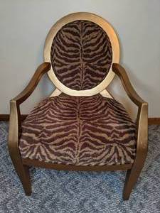 lot 300 image: Animal Print Accent Chair with Exposed Wood Arms, Gold