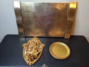 lot 301 image: Collection of Large Gold Platter, Decorative Gold Plate and Goddess Wall Dcor with Mirror Accent