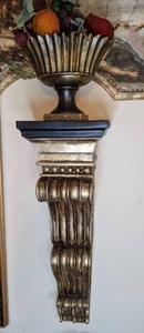 lot 53 image: Burnished Bronze Look Wall Mounted Pedestal Shelf with Matching Bowl and Artificial Fruit Arrangement