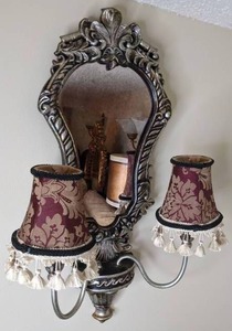 lot 18 image: Wall Sconce Lamp, Mirrored Double Arm Damask Print