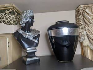 lot 180 image: Gorgeous Bust Statue and Glass Vase, Black and Silver