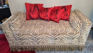 lot 88 image: Brown and Cream Zebra Stripe Upholstered Bench with 4 Red Rose Print Pillows