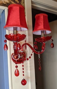 lot 95 image: Pair of Red 2-Light Wall Fixtures and One Matching Red 5-Light Wall Fixture