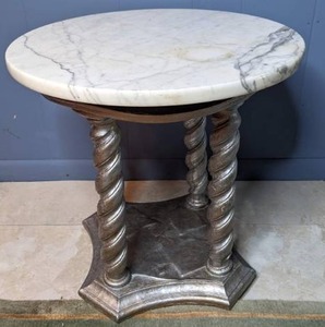 lot 66 image: Italian Marble Topped Side Table with Silver Spiral Leg Base