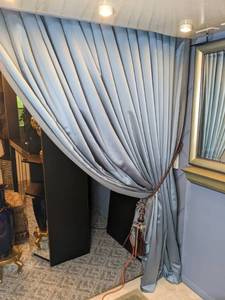 lot 68 image: Handmade Drapes in Steely Blue Gray with Tassel and Feather Tie-Back