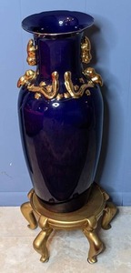 lot 79 image: Large Porcelain Cobalt Blue and Gold Vase on a Gold Pedestal Stand
