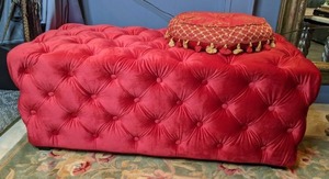 lot 61 image: Red Tufted Upholstered BenchOttoman and Round Satin Asian-Style Throw Pillow