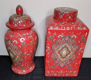 lot 58 image: Pair of Red Floral Asian Ceramic Jars  Lidded Urn & Square Lidded Jar