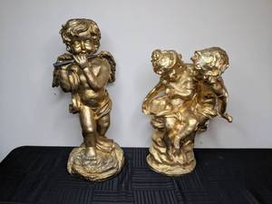 lot 197 image: Cherub Playing Flute and Mother & Child Figurine Sculptures, Gold