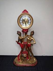 lot 252 image: Stunning Lisheng Gold Double Lady Decorative Clock with Red Accent