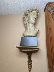 lot 225 image: High Bust Male Sculpture Statue with Gold Shelf
