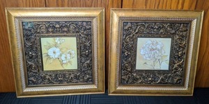 lot 117 image: Pair of Framed Floral Prints in Gold Embossed Frames