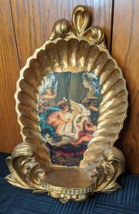 lot 123 image: Ornate Gold Shell Shaped Wall Shelf with Painted Scene of Cherubs