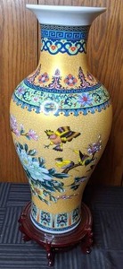 lot 107 image: Large Asian Inspired Urn with FloralBird Design with Yellow Background on Wooden Stand
