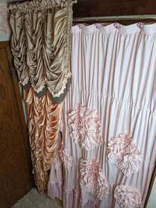 lot 321 image: Draped Bathroom Layered Fabric Drapery Set with Shower Curtain, Liner and (12) Hooks