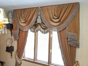 lot 322 image: Draped Elegant Fringe Fabric Waterfall Window Drapery Set with Tassels