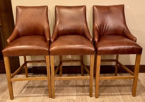 lot 41 image: Set of Three Restoration Hardware Leather Bar Height Stools