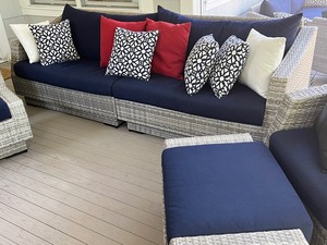 lot 1 image: Luxurious RST Brands Cannes Sofa and Club Chairs with Ottomans including Cannes Two Piece Sunbrella Outdoor Sofa