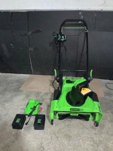 lot 51 image: Greenworks PRO 22 in. 60-Volt Battery Single-Stage Cordless Snow Blower with (2) 5.0 Ah Batteries and Dual Port Charger. See Pictures