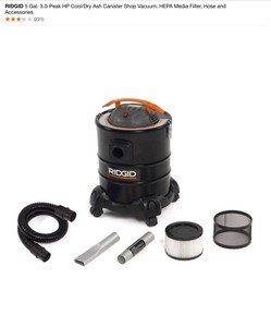 lot 35 image: RIDGID 5 Gal. 3.0-Peak HP CoolDry Ash Canister Shop Vacuum, HEPA Media Filter, Hose and Accessories. See Pictures