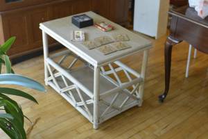 Beach themed side table and contents