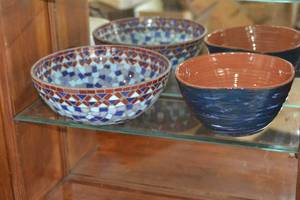 bowl lot. one Koi and one 1990s Mosaic Glass Bowl. Dimension in last photo