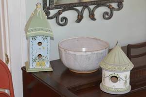 2 Kathy Hatch Bird Houses and ceramic treeleaf bowl