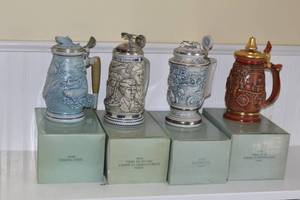 Fishing, Tribute to the American Armed Forces, Racing Car, and Tribute to American Firefighters Steins with boxes