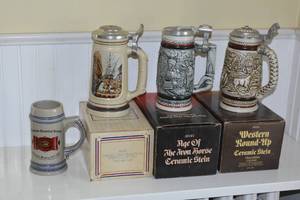 The building of America, age of the Iron horse, Western Round-Up, MN Historical Brewery Steins with boxes