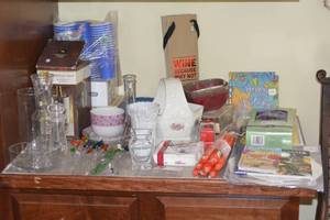 Contents on counter right of fridge