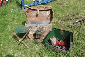 lot 422 image: Vintage Camping Kit - Propane Stove, Lantern, Coffee Pot, Folding Chair, Storage Box
