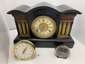 Vintage 1910 Gilbert Clock Company Mantle Clock And Two WestClox Alarm Clocks