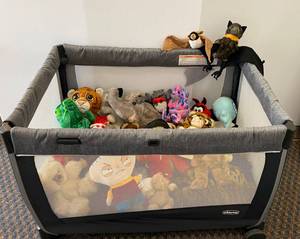 Folding Pack And Play And Instant Stuffed Animal Collection including Paddington Bear.