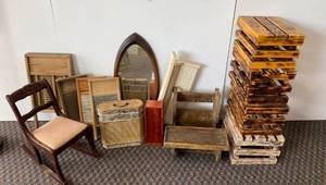 Group Of Primitives Including Wood Risers, Washboards, Very Old Childs Seat And more