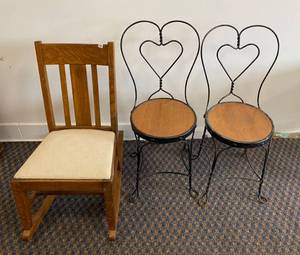 Group Including Padded Rocking Chair And Two Vintage Ice Cream Parlor Chairs