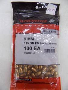 lot 104 image: 100 Winchester 9mm 115gr Bullets